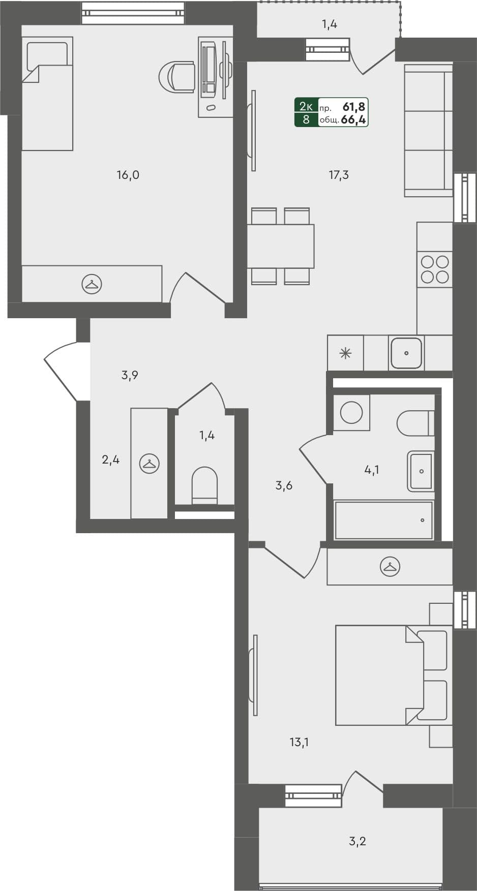 2-комн. квартира, 66.4 м², 3 из 4 этаж квартира