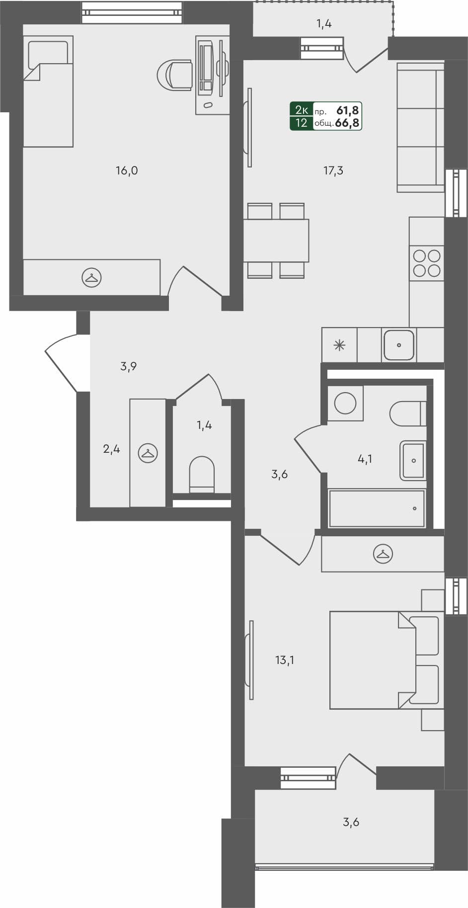 2-комн. квартира, 66.8 м², 4 из 4 этаж квартира