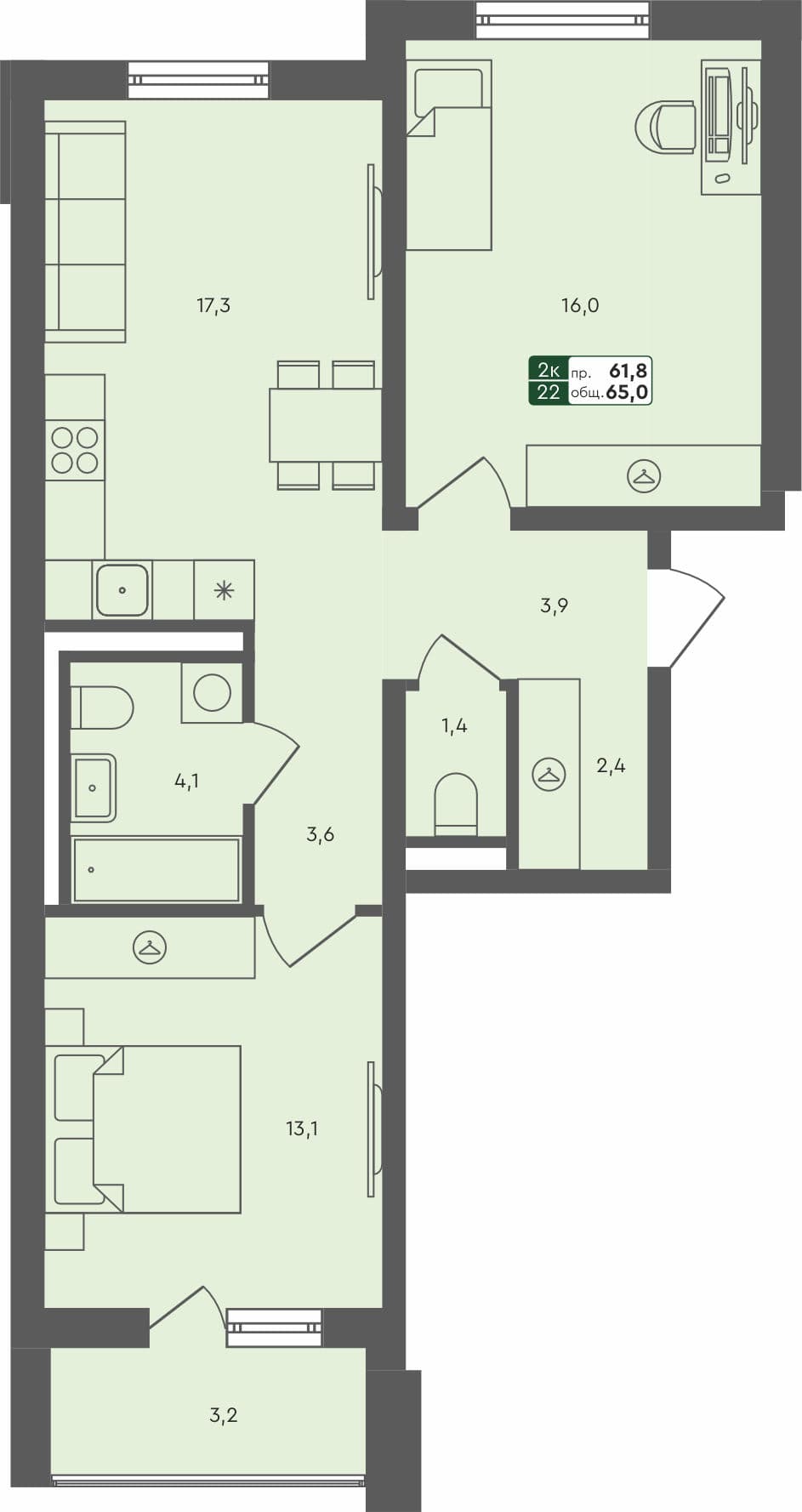 2-комн. квартира, 65 м², 2 из 4 этаж квартира