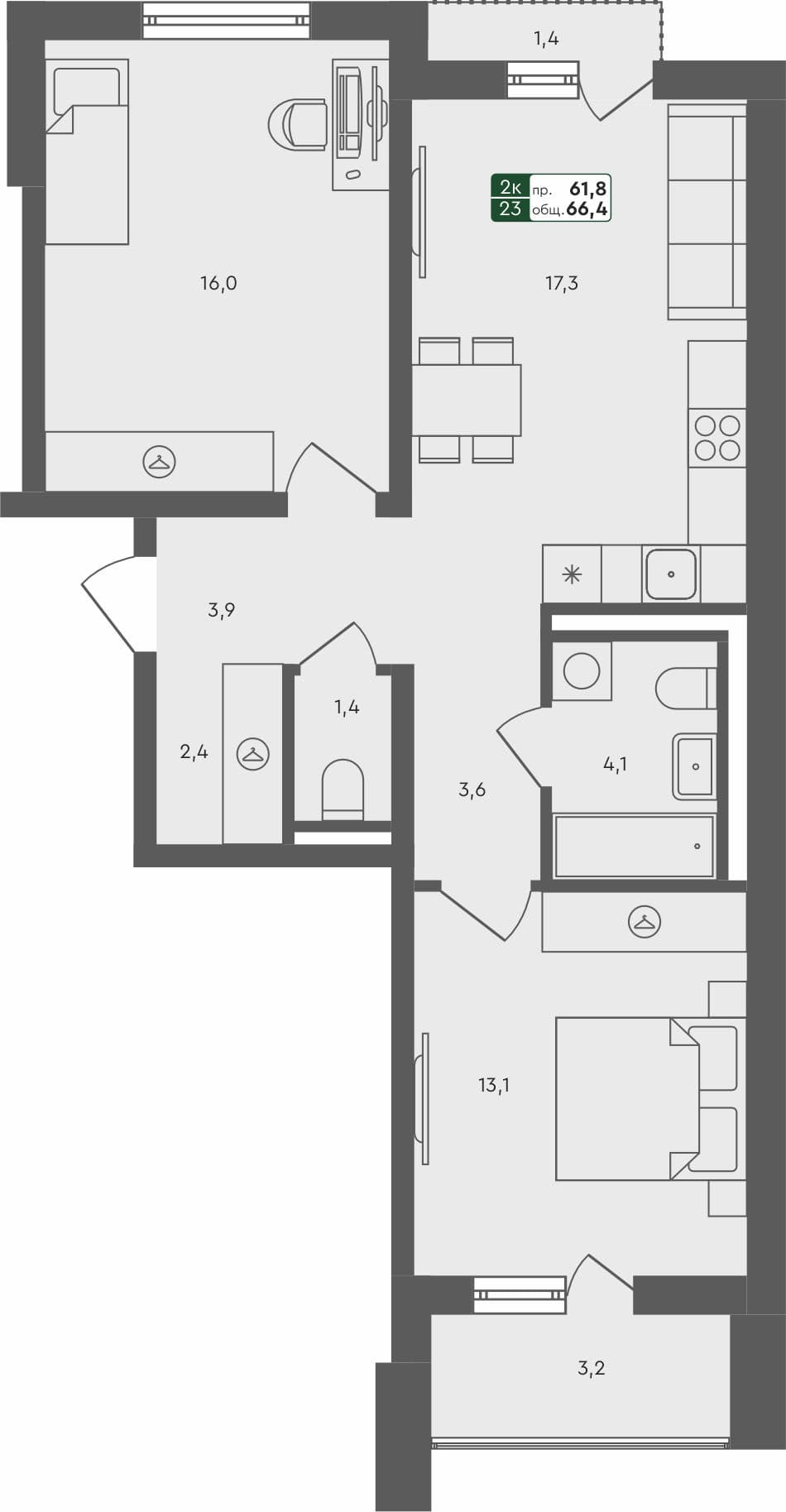 2-комн. квартира, 66.4 м², 3 из 4 этаж Планировка