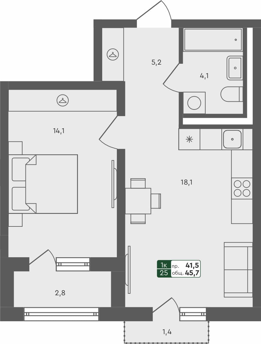 1-комн. квартира, 45.7 м², 3 из 4 этаж квартира