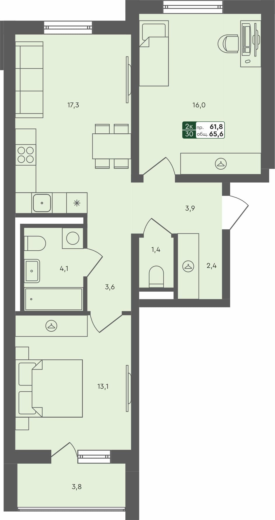 2-комн. квартира, 65.6 м², 4 из 4 этаж квартира