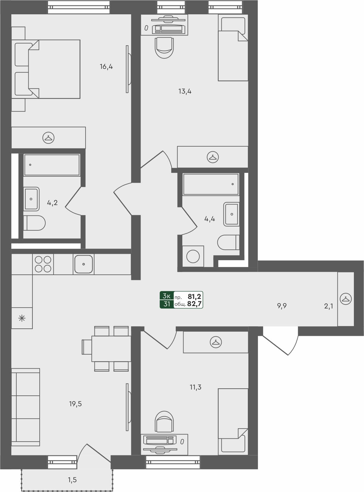 3-комн. квартира, 82.7 м², 2 из 4 этаж Планировка