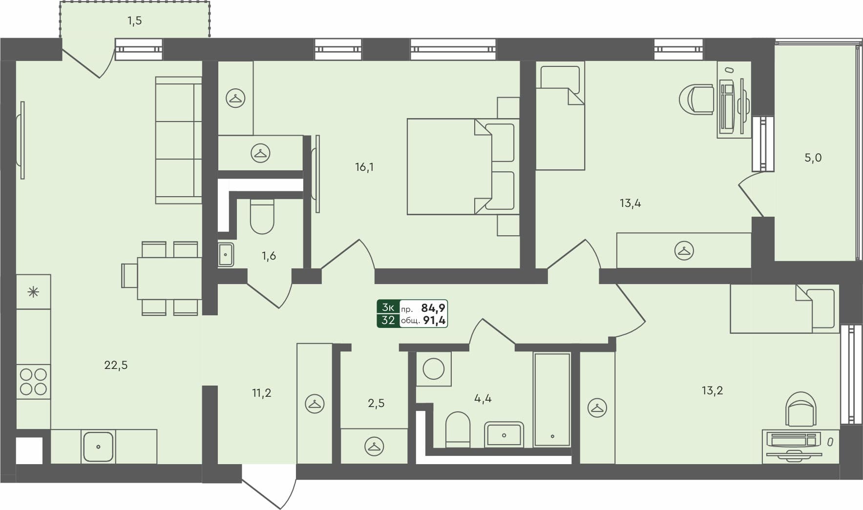 3-комн. квартира, 91.4 м², 2 из 4 этаж Планировка