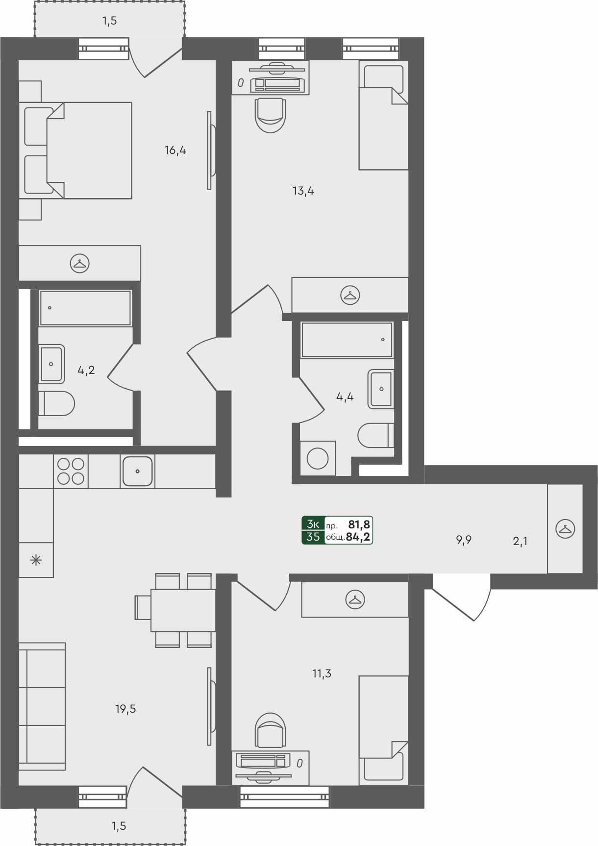 3-комн. квартира, 84.2 м², 3 из 4 этаж Планировка
