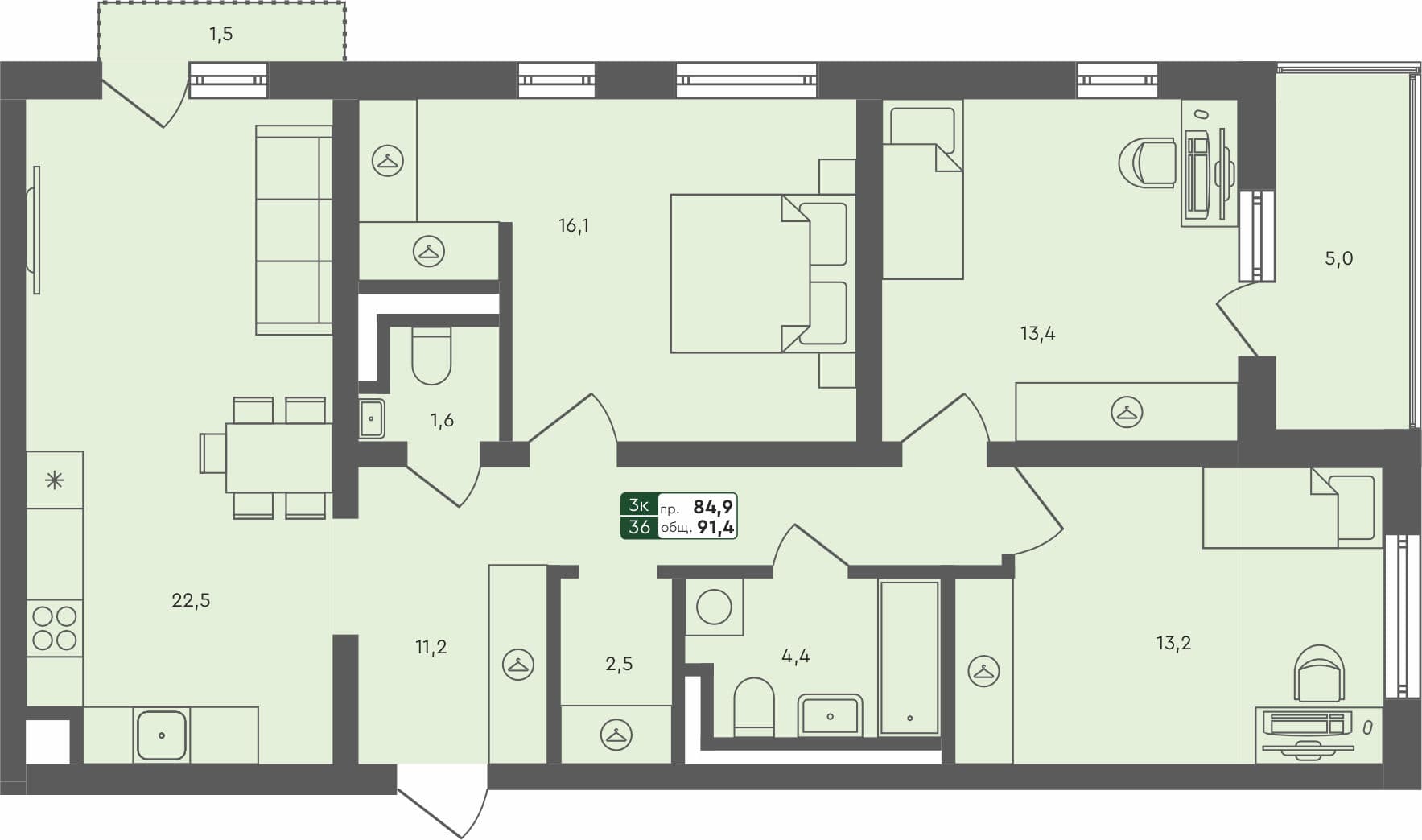 3-комн. квартира, 91.4 м², 3 из 4 этаж квартира
