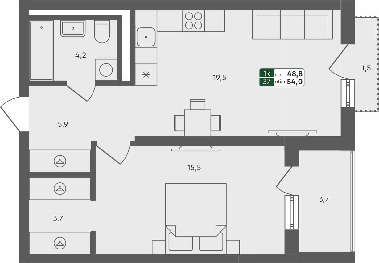 1-комн. квартира, 54 м², 3 из 4 этаж Планировка