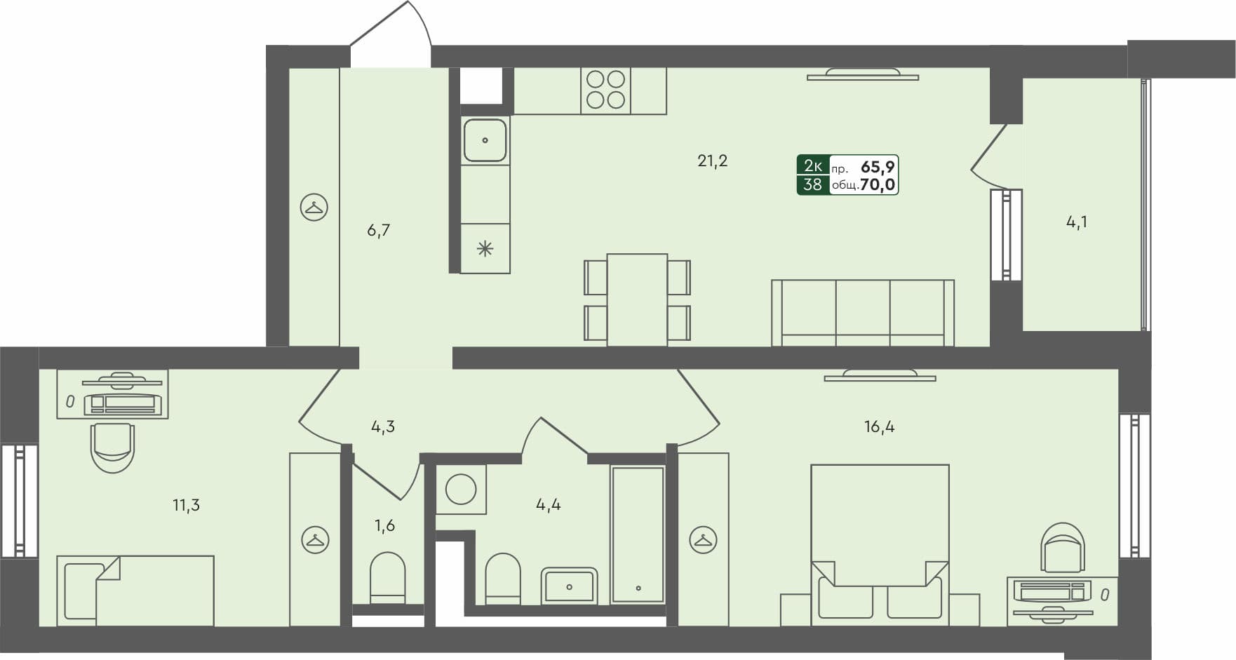 2-комн. квартира, 69.9 м², 3 из 4 этаж квартира