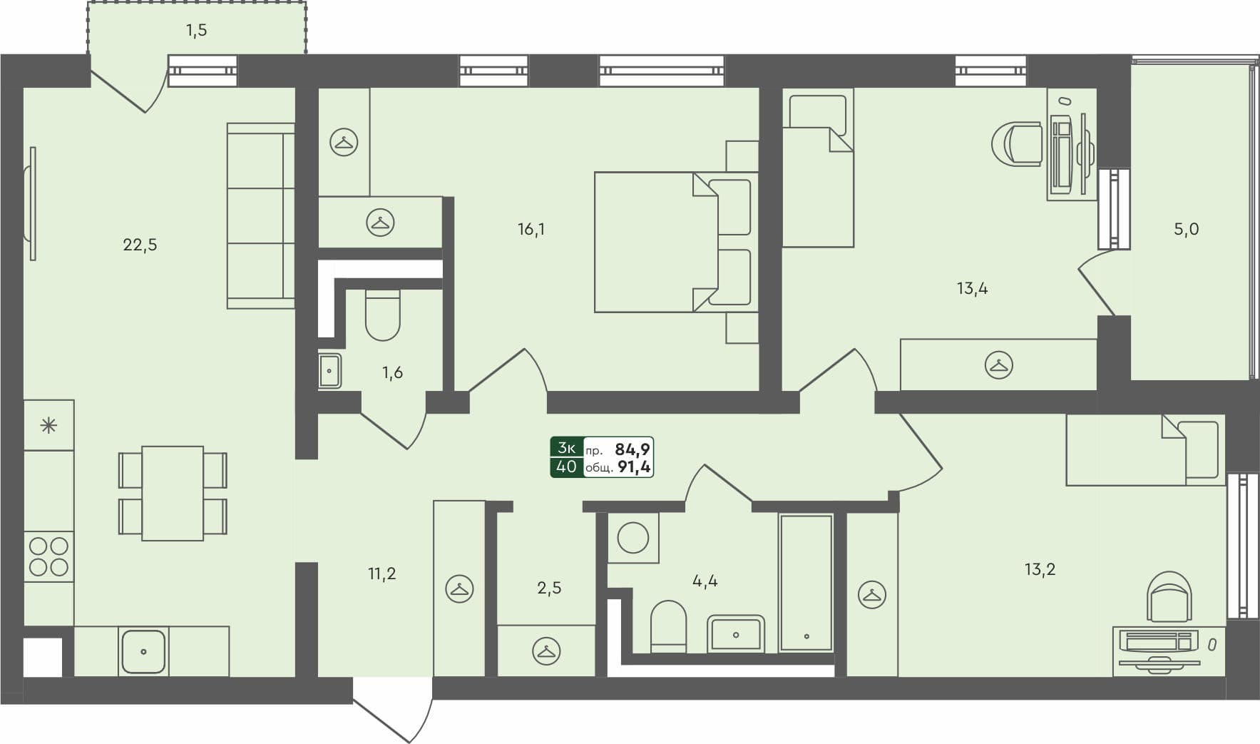 3-комн. квартира, 91.4 м², 4 из 4 этаж Планировка