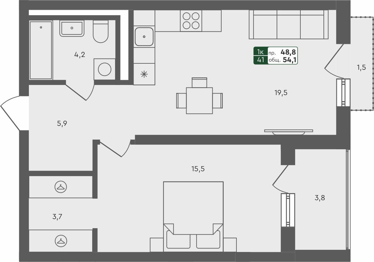 1-комн. квартира, 54.1 м², 4 из 4 этаж квартира