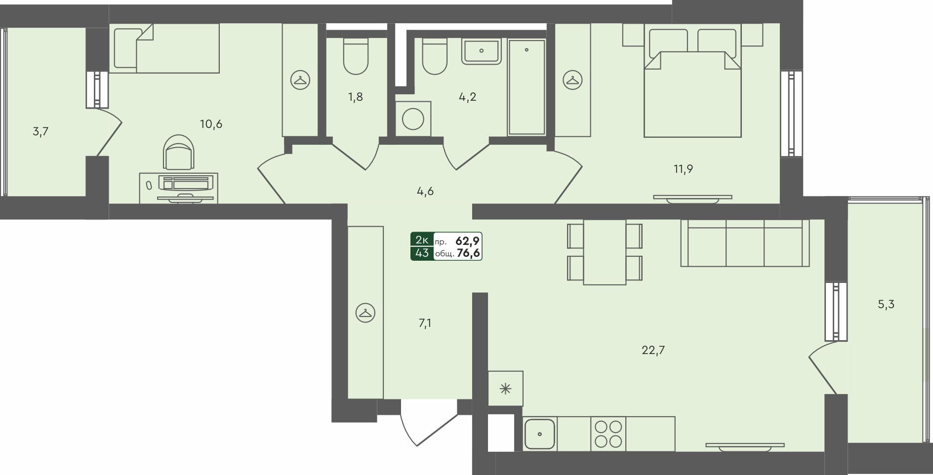 2-комн. квартира, 76.6 м², 1 из 4 этаж квартира