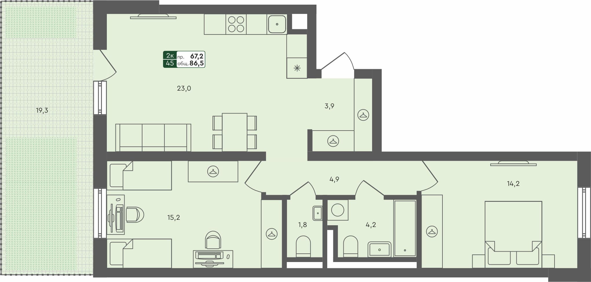 2-комн. квартира, 86.5 м², 1 из 4 этаж Планировка