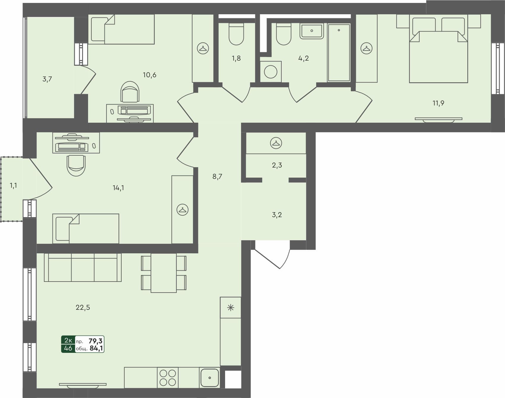 3-комн. квартира, 84.1 м², 2 из 4 этаж квартира