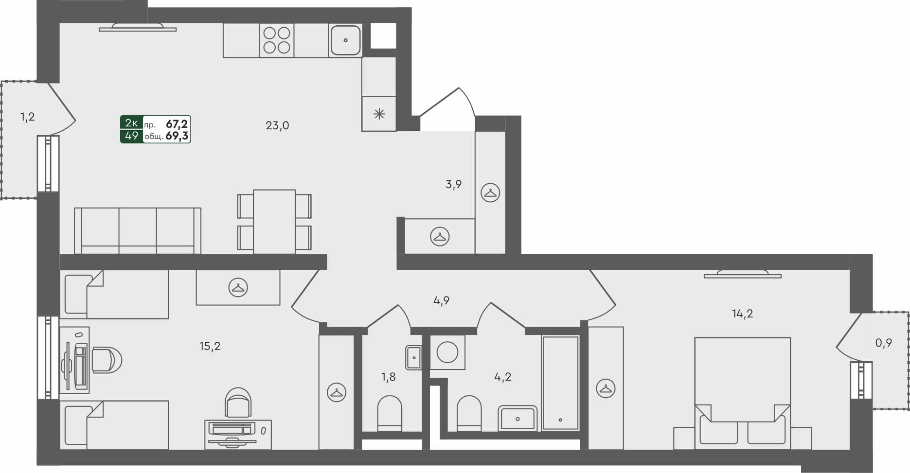 2-комн. квартира, 69.3 м², 2 из 4 этаж квартира