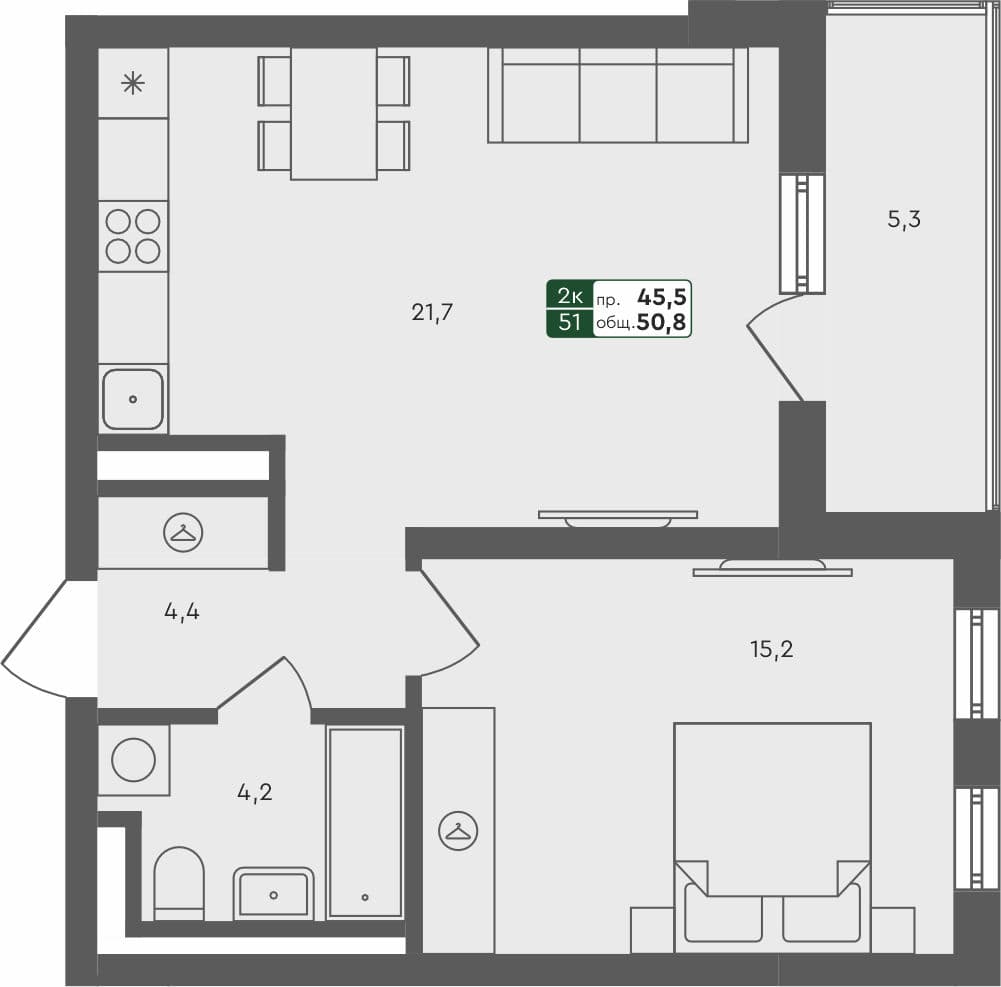 1-комн. квартира, 50.8 м², 3 из 4 этаж квартира