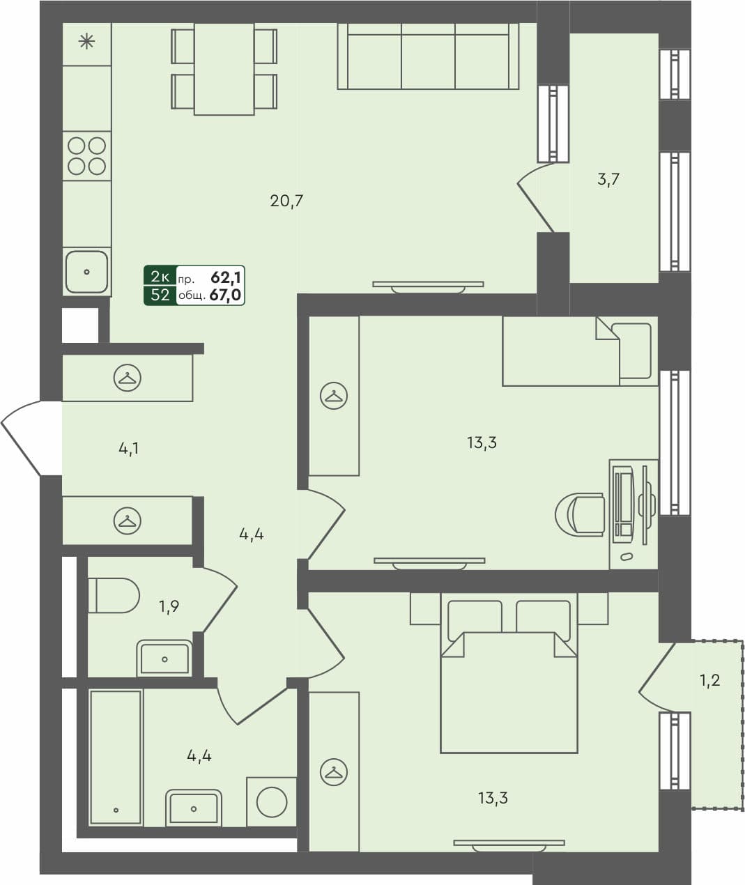 2-комн. квартира, 67 м², 3 из 4 этаж квартира