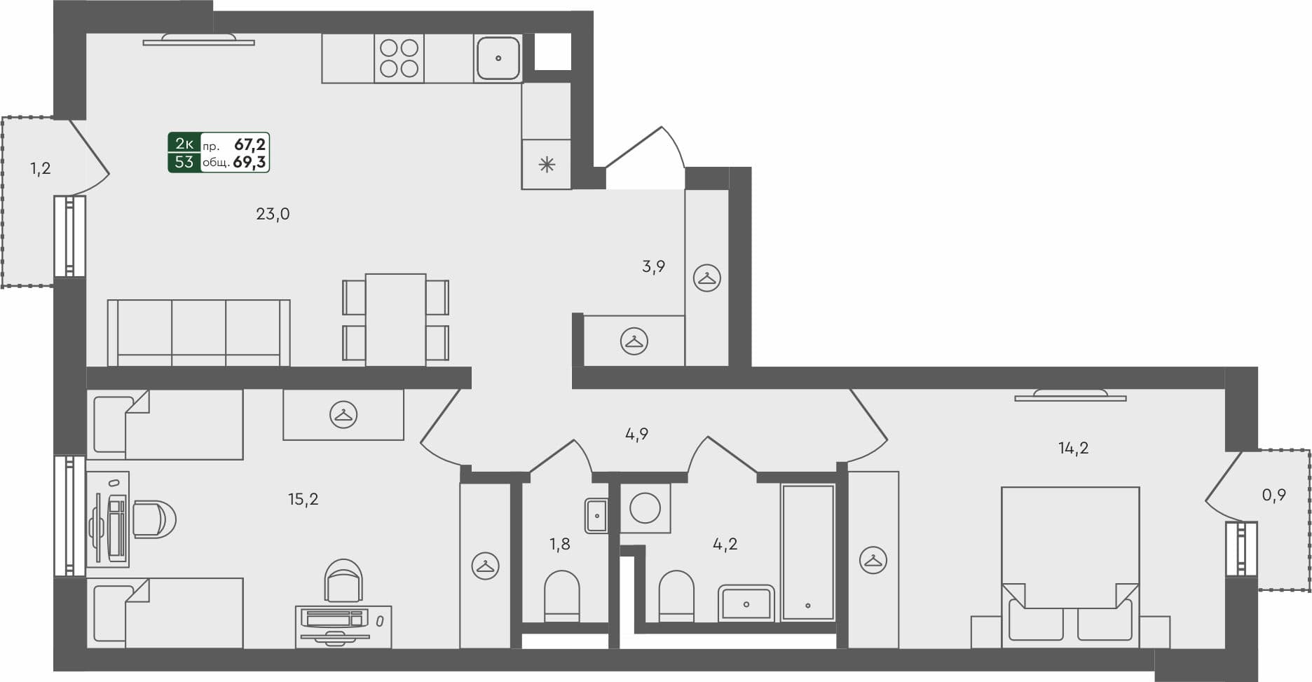 2-комн. квартира, 69.3 м², 3 из 4 этаж квартира