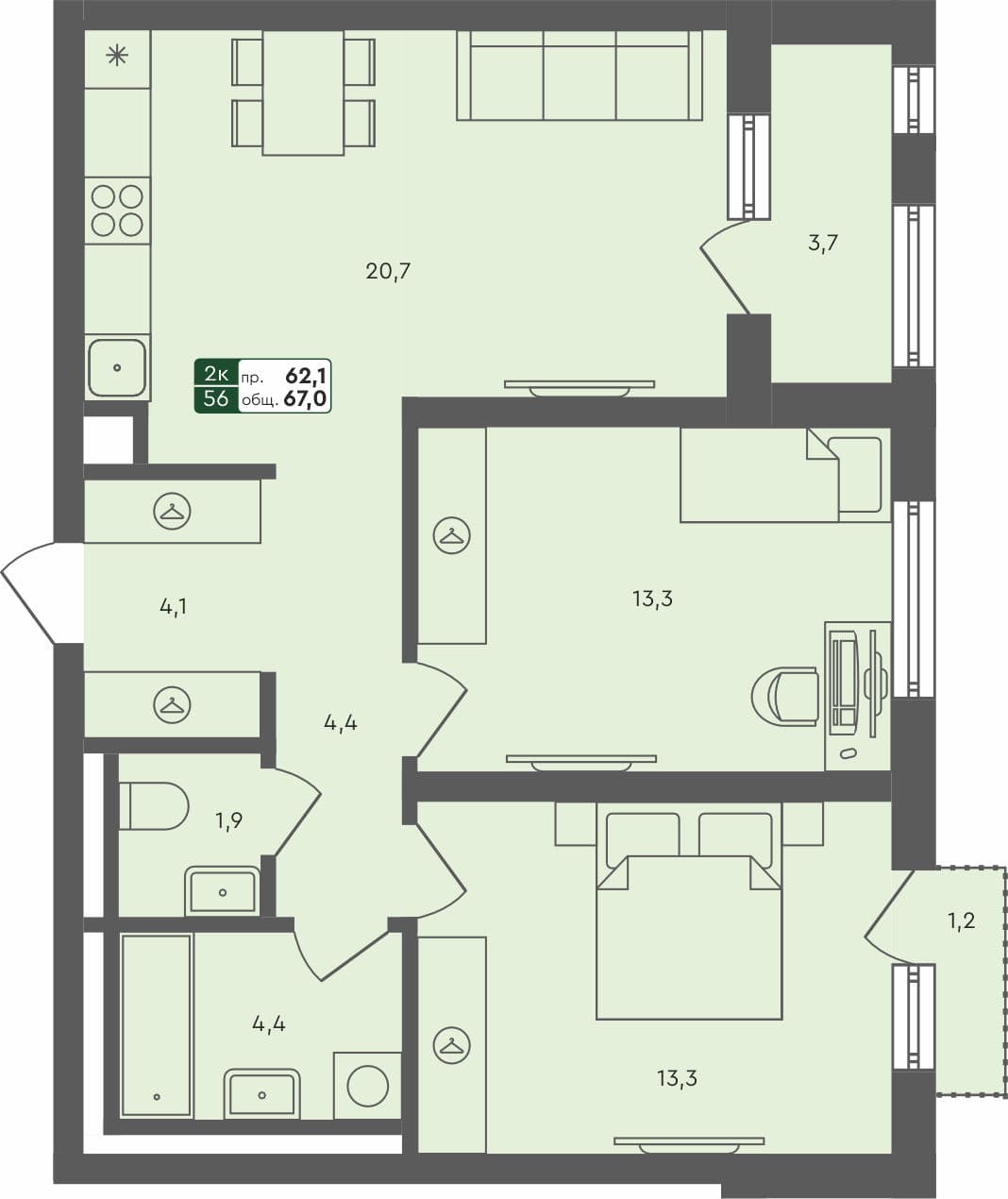2-комн. квартира, 67 м², 4 из 4 этаж квартира