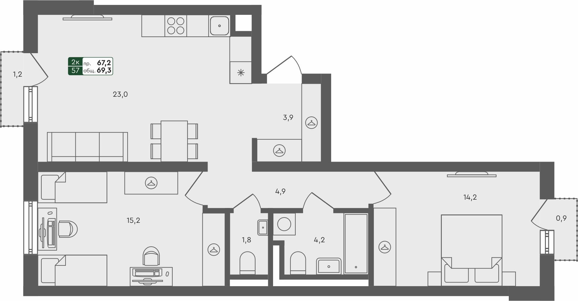 2-комн. квартира, 69.3 м², 4 из 4 этаж квартира