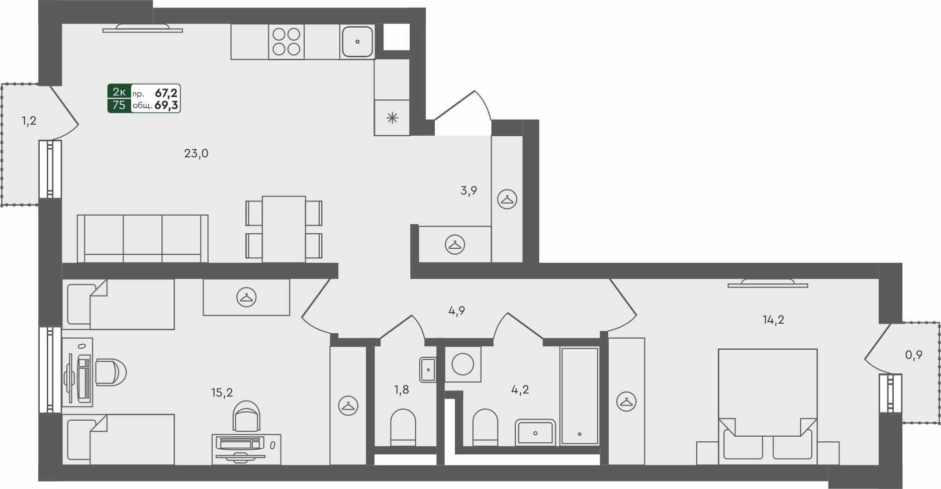 2-комн. квартира, 69.3 м², 4 из 4 этаж Планировка