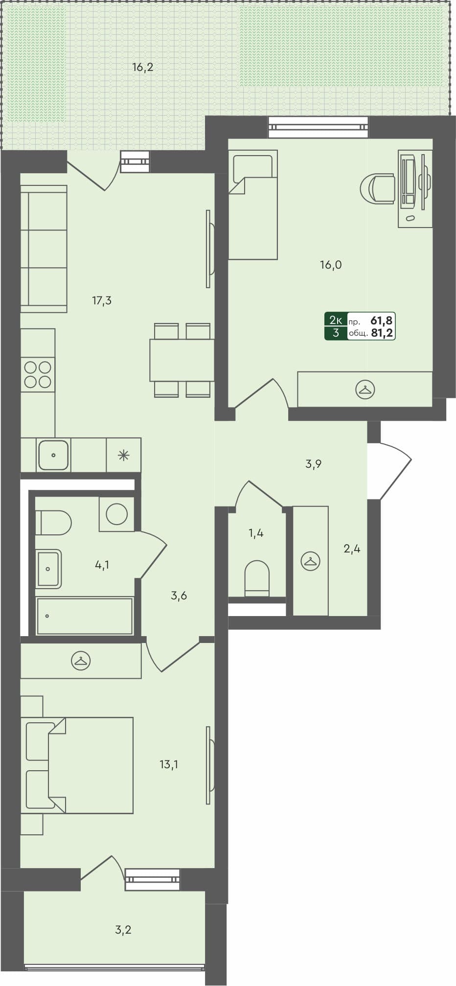 2-комн. квартира, 81.2 м², 1 из 4 этаж Планировка