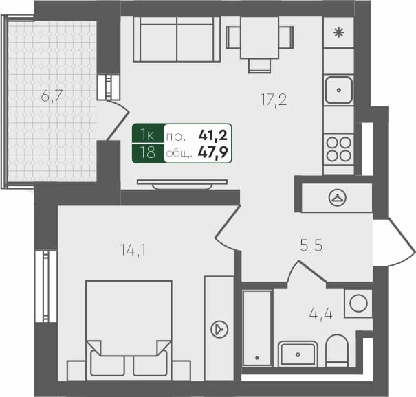 1-комн. квартира, 47.9 м², 4 из 4 этаж квартира