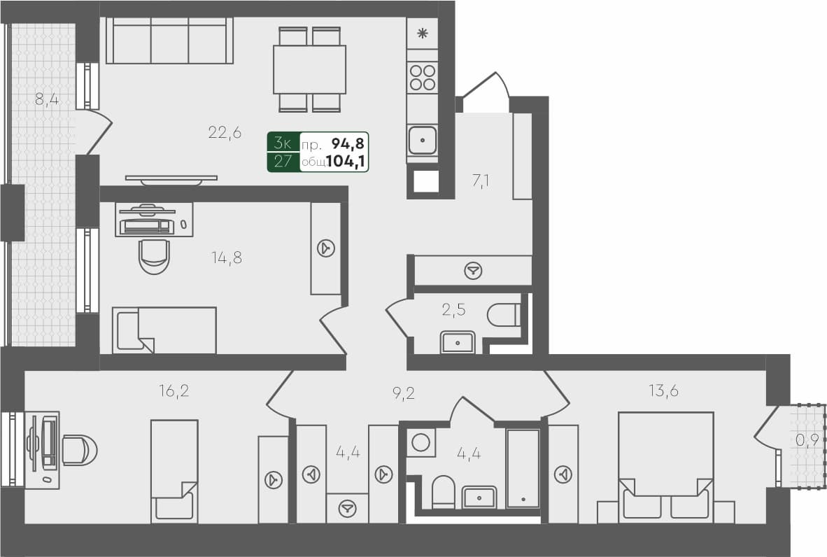 3-комн. квартира, 104.1 м², 2 из 4 этаж квартира
