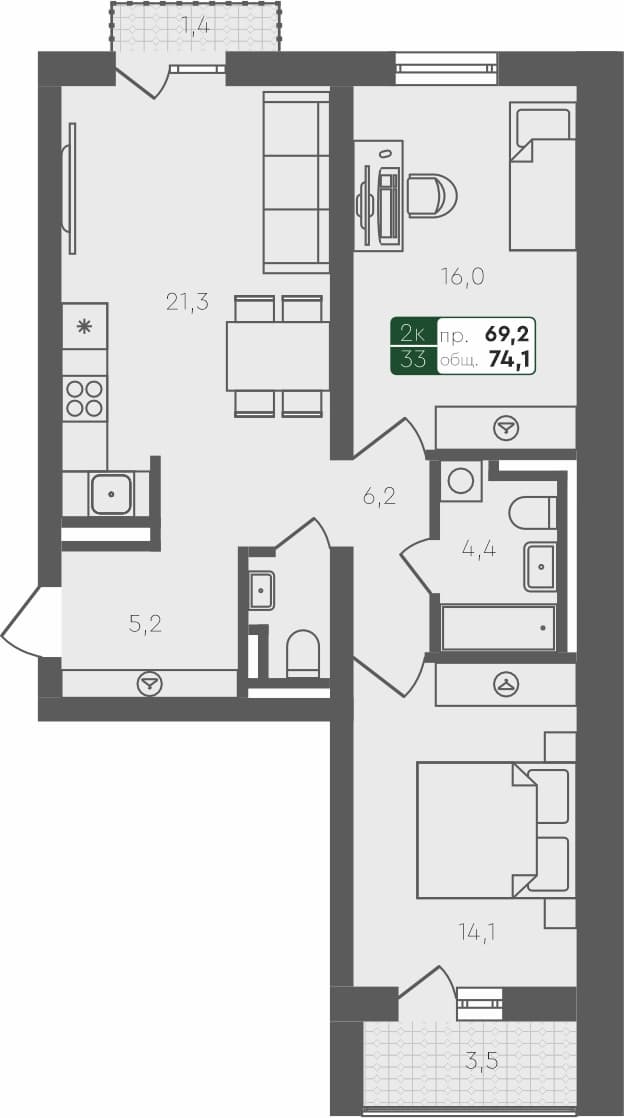 2-комн. квартира, 74.1 м², 4 из 4 этаж квартира