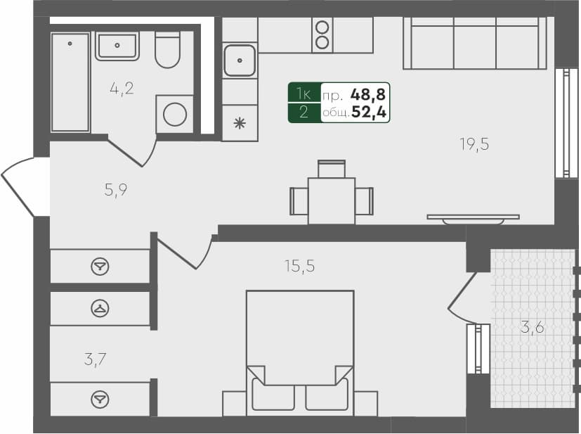 1-комн. квартира, 48.8 м², 1 из 4 этаж квартира