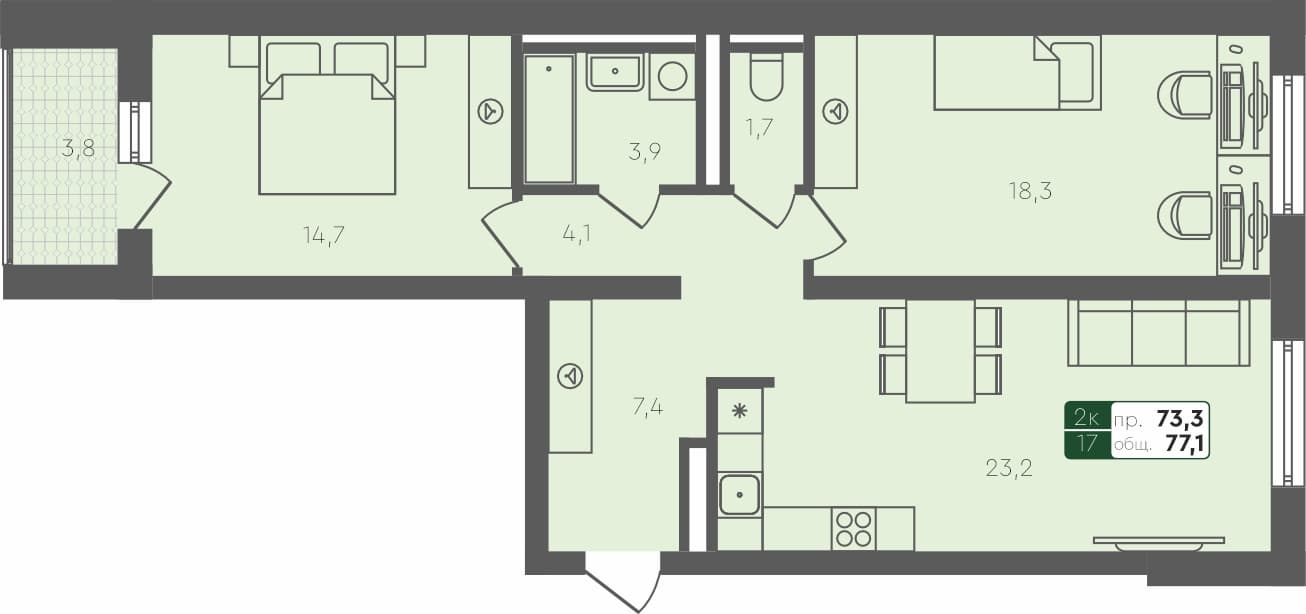 2-комн. квартира, 77.1 м², 1 из 4 этаж Планировка