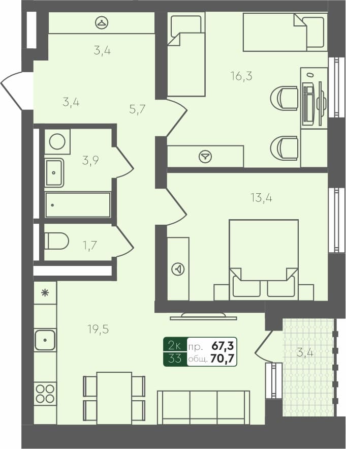 2-комн. квартира, 70.7 м², 4 из 4 этаж квартира
