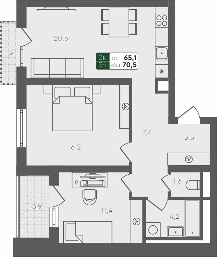 2-комн. квартира, 70.5 м², 4 из 4 этаж квартира
