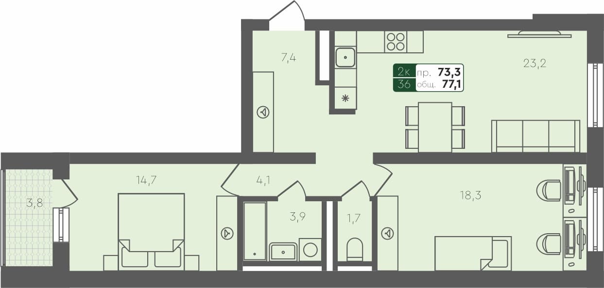 2-комн. квартира, 77.1 м², 1 из 4 этаж квартира