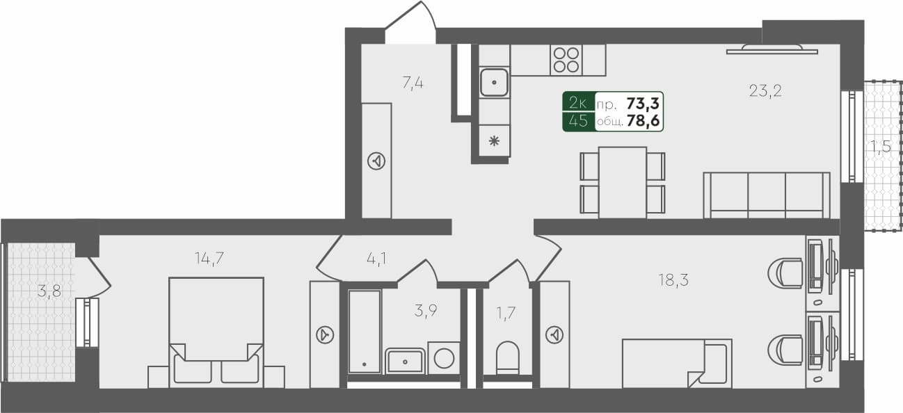 2-комн. квартира, 78.6 м², 3 из 4 этаж квартира