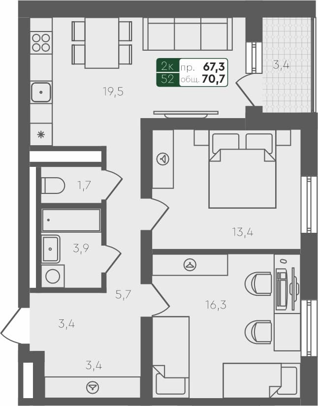 2-комн. квартира, 70.7 м², 4 из 4 этаж квартира