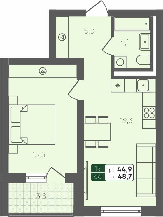 1-комн. квартира, 48.7 м², 3 из 4 этаж квартира