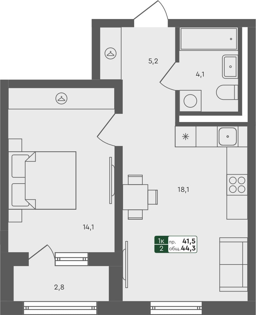 1-комн. квартира, 44.3 м², 1 из 4 этаж Планировка