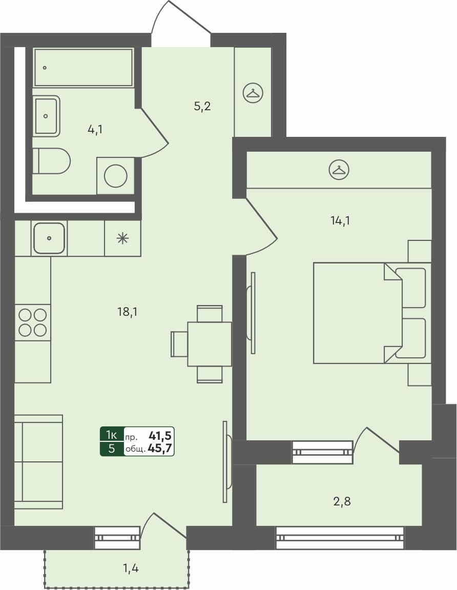 1-комн. квартира, 45.7 м², 2 из 4 этаж Планировка
