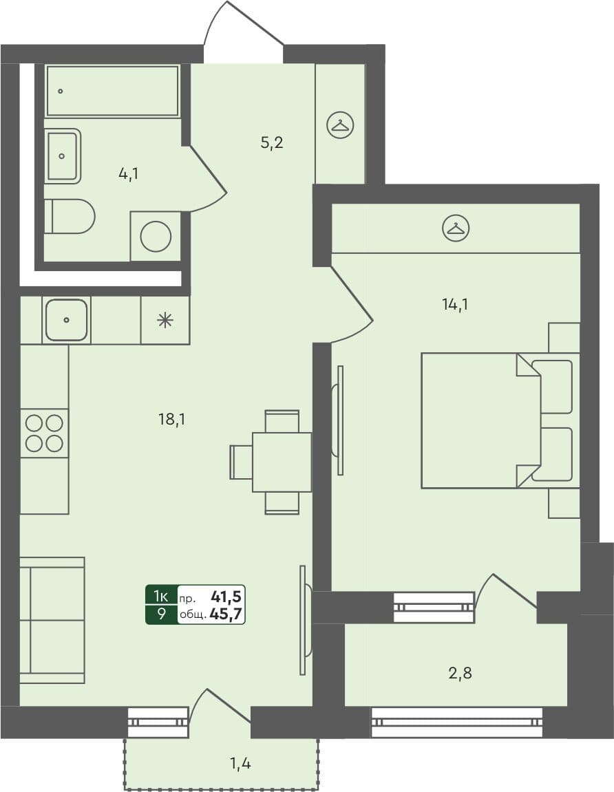 1-комн. квартира, 45.7 м², 3 из 4 этаж Планировка