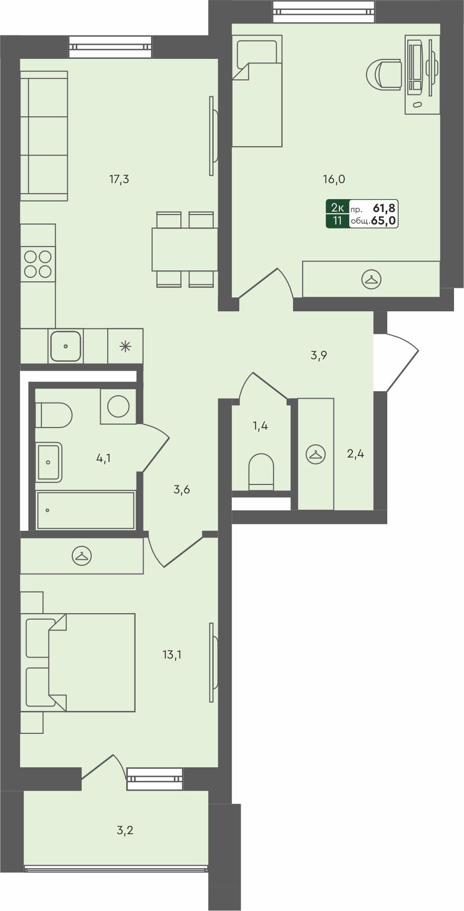 2-комн. квартира, 65 м², 3 из 4 этаж квартира