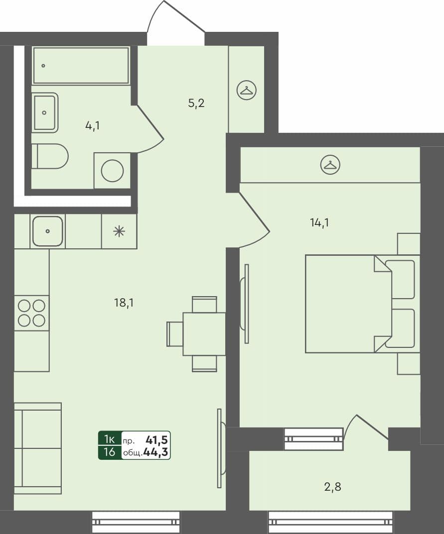 1-комн. квартира, 44.3 м², 1 из 4 этаж Планировка