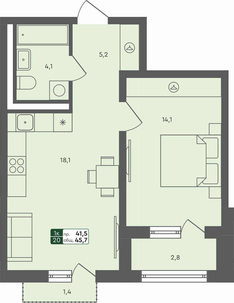 1-комн. квартира, 45.7 м², 2 из 4 этаж Планировка