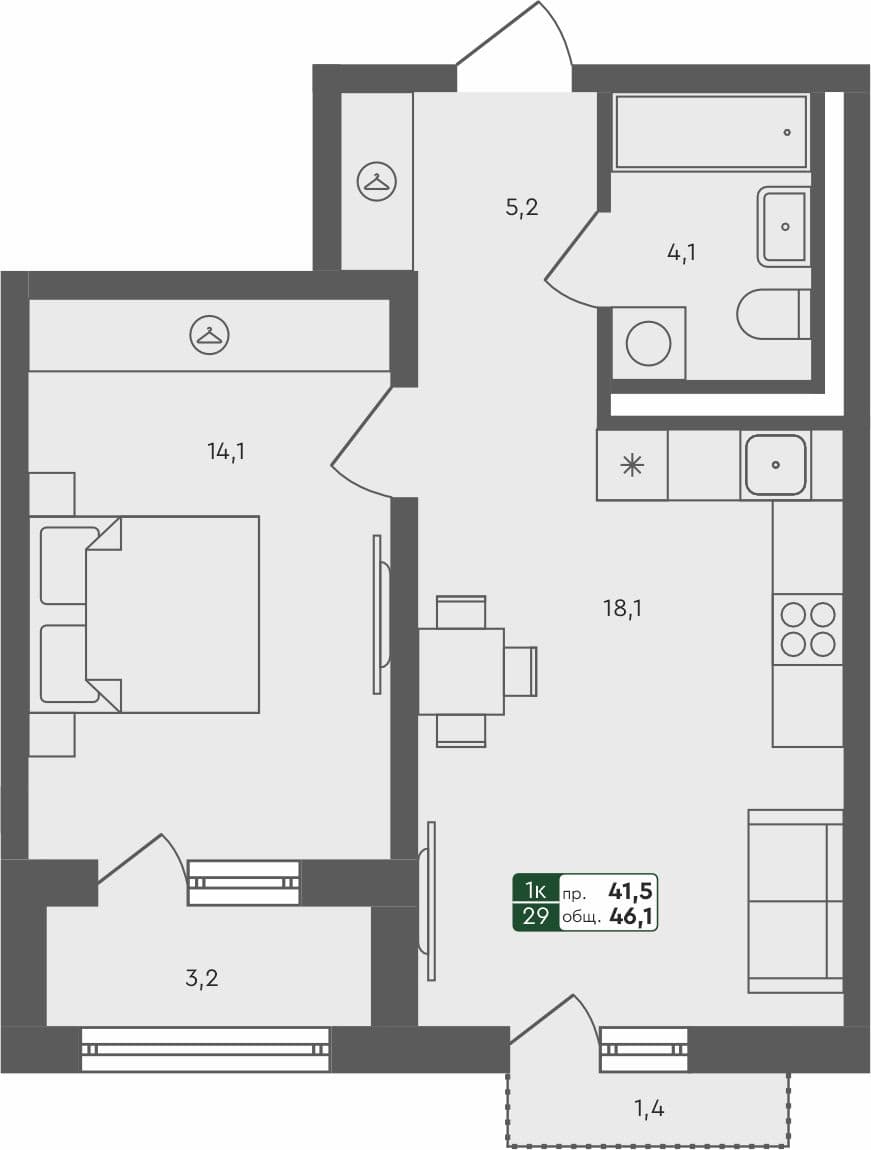 1-комн. квартира, 46.1 м², 4 из 4 этаж квартира