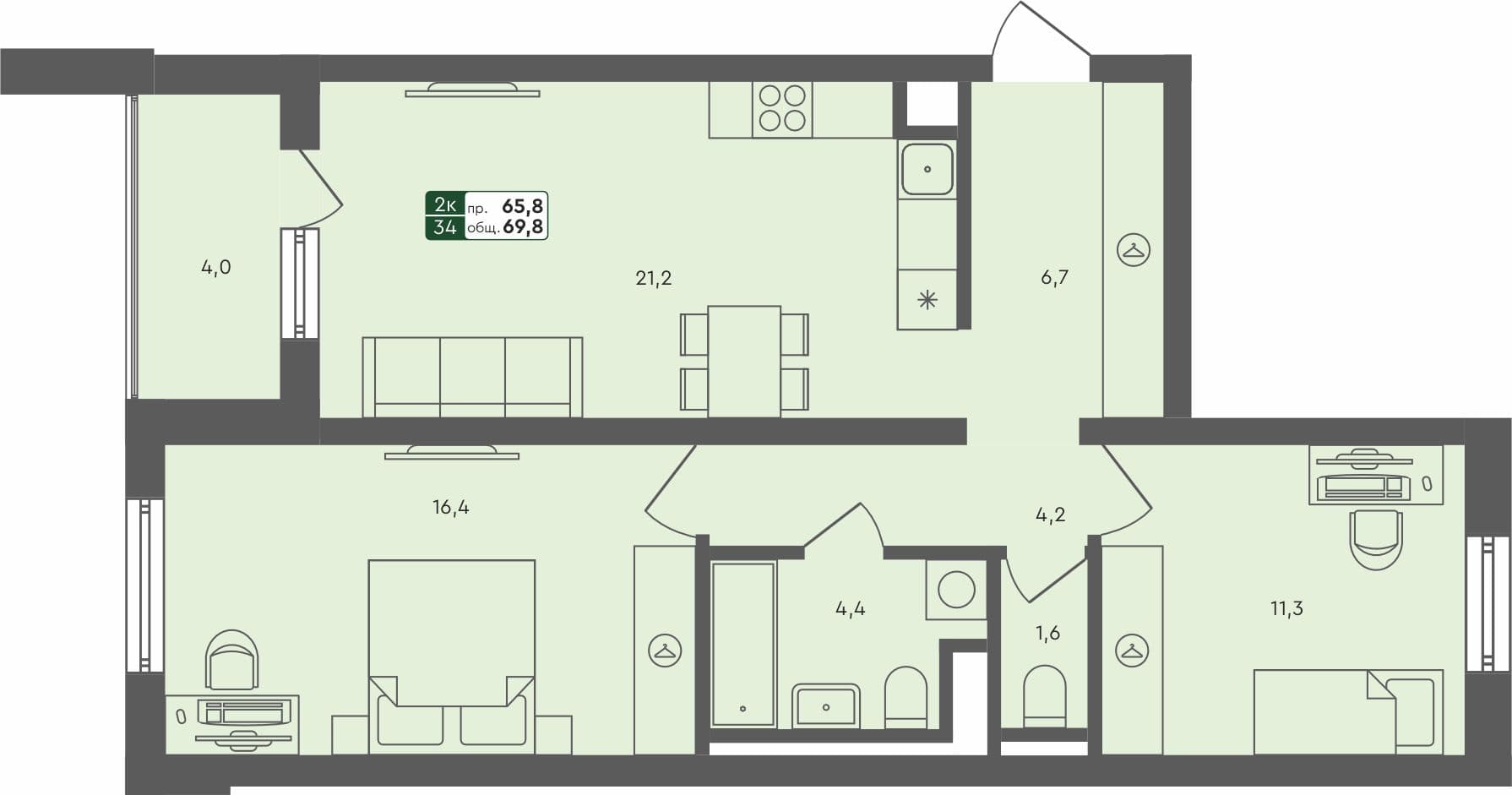 2-комн. квартира, 69.8 м², 2 из 4 этаж квартира