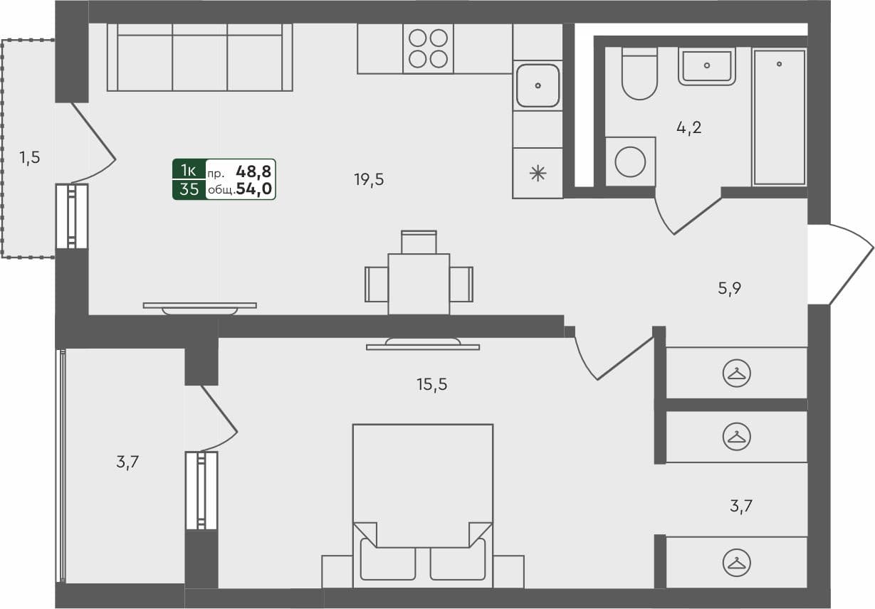 1-комн. квартира, 54 м², 2 из 4 этаж Планировка