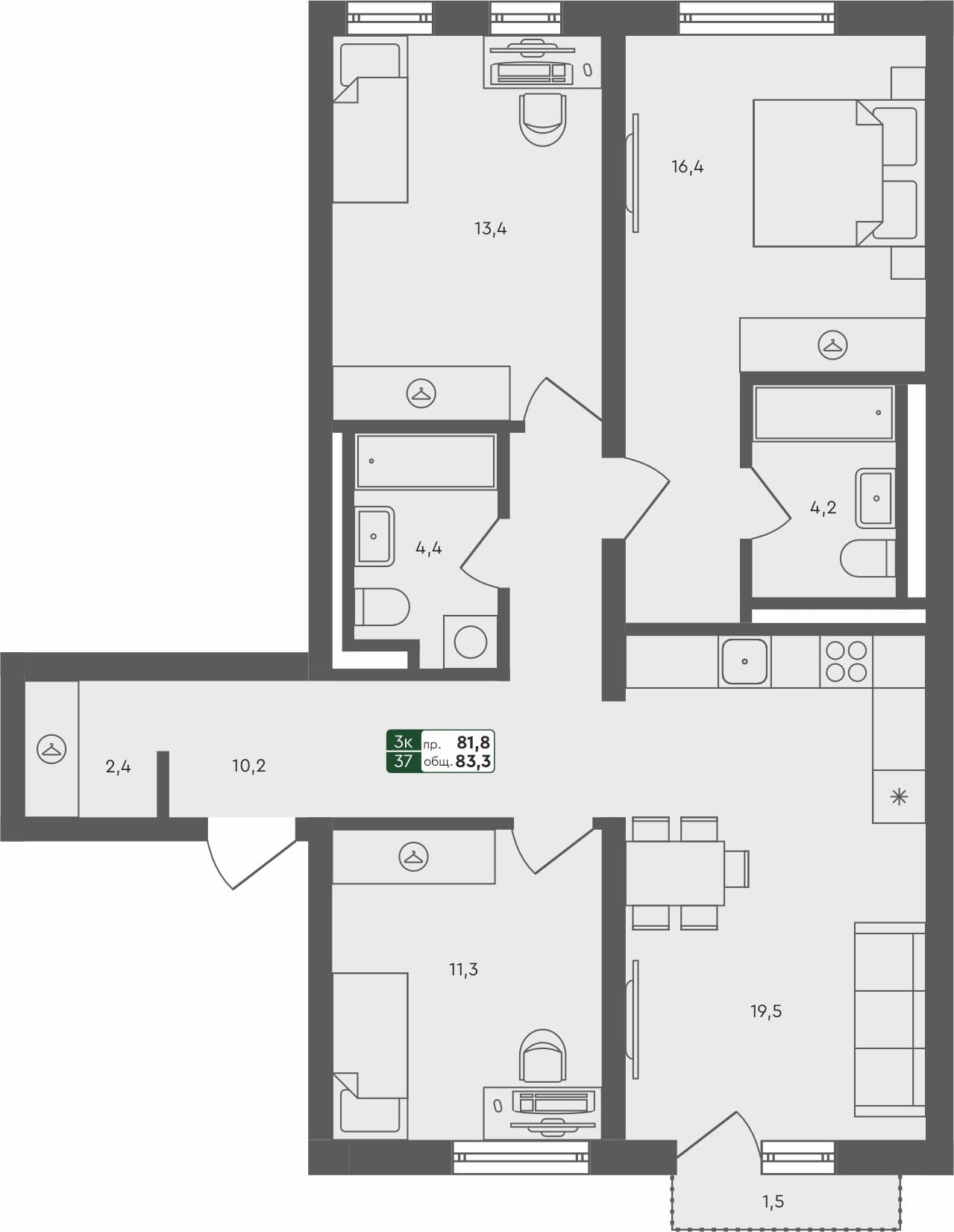 3-комн. квартира, 83.3 м², 2 из 4 этаж квартира
