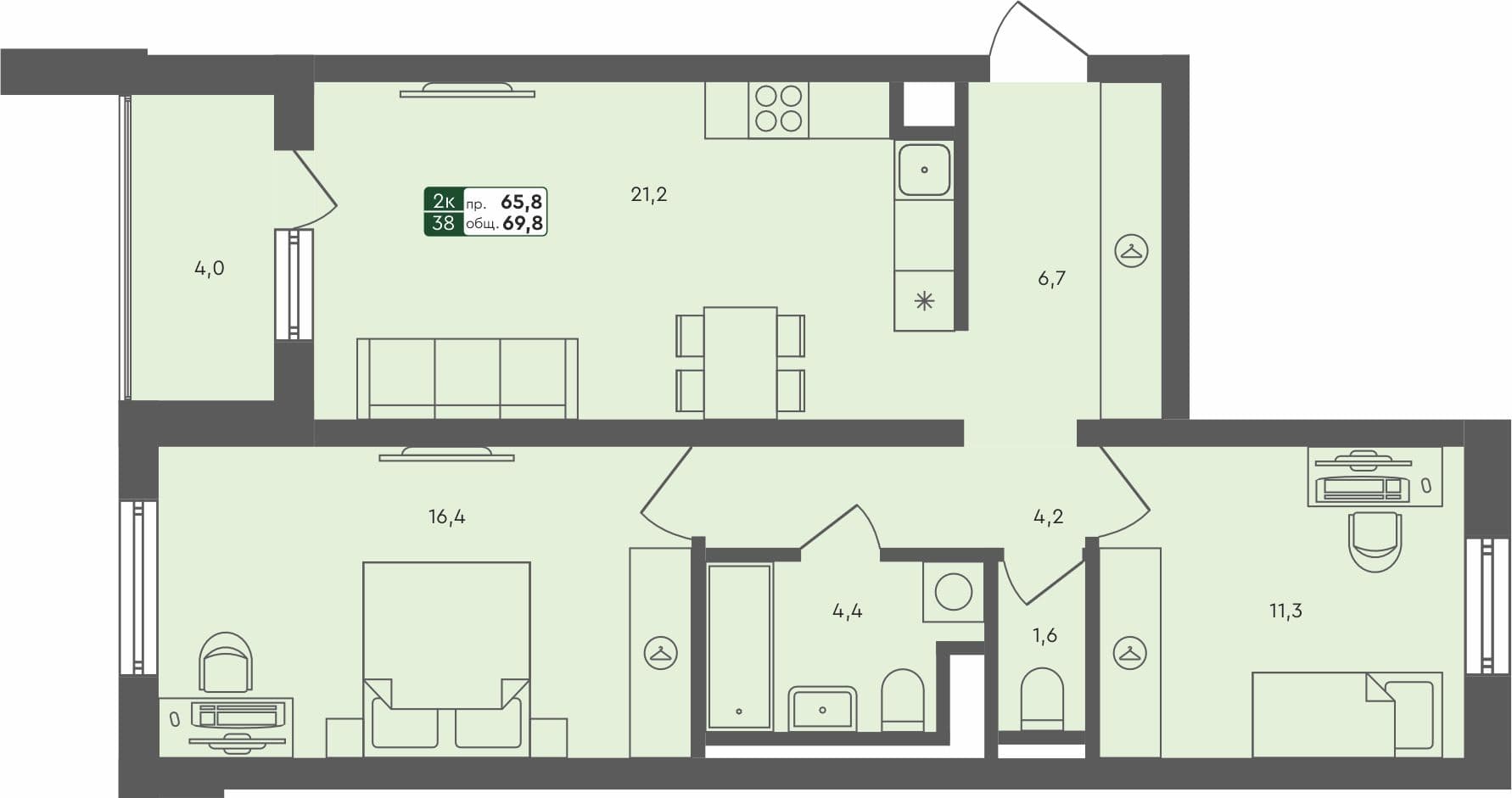 2-комн. квартира, 69.8 м², 3 из 4 этаж квартира