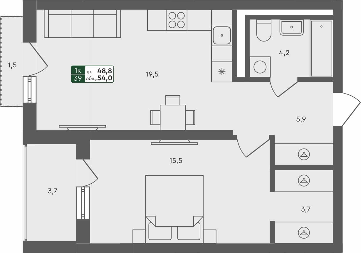 1-комн. квартира, 54 м², 3 из 4 этаж Планировка