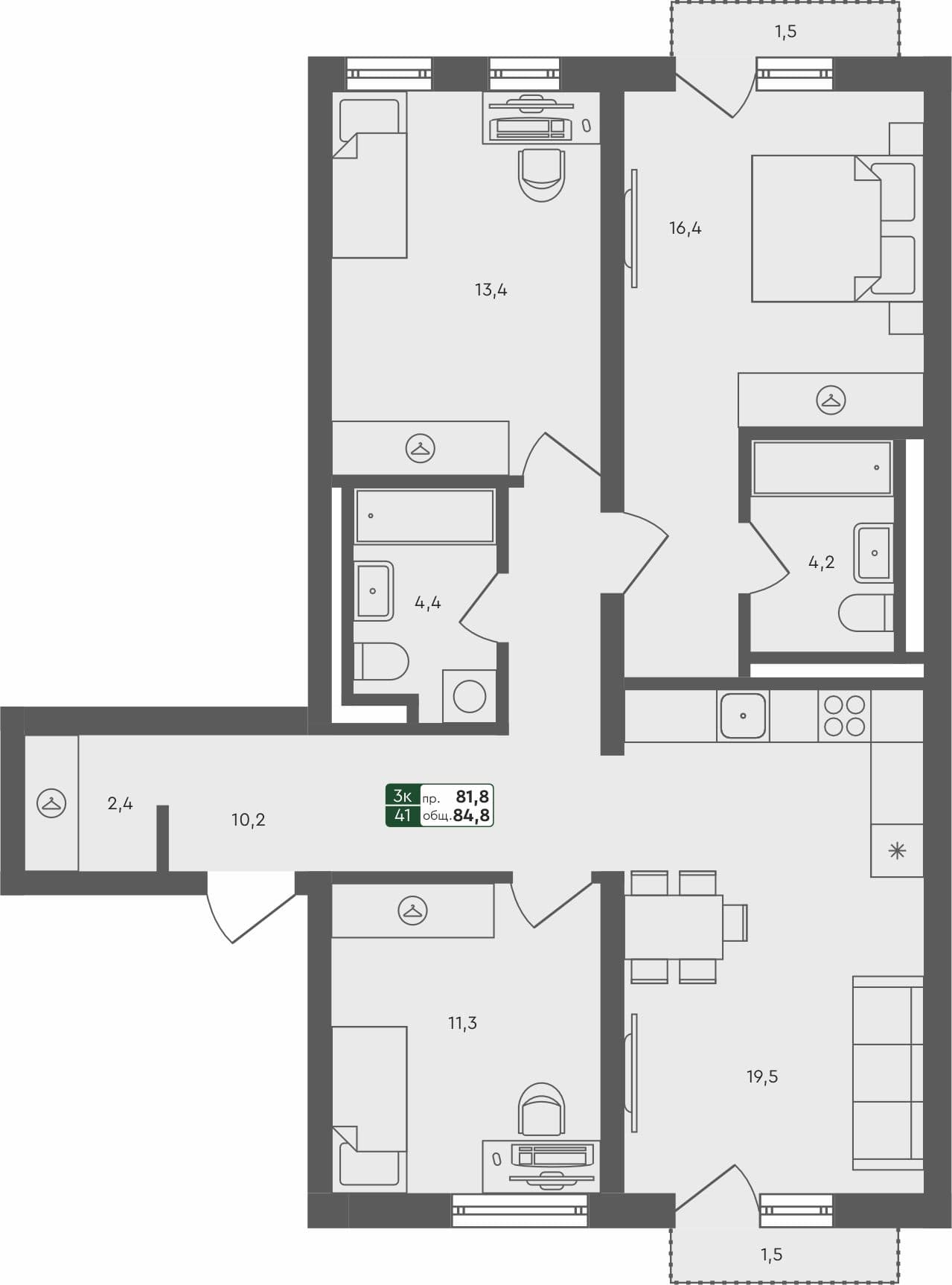 3-комн. квартира, 84.8 м², 3 из 4 этаж Планировка