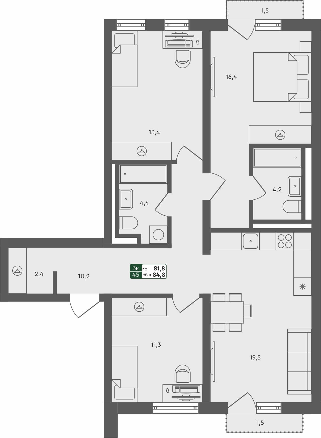 3-комн. квартира, 84.8 м², 4 из 4 этаж Планировка
